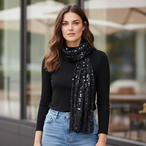 Black Sequin Scarf With Sheer Fabric Lightweight Elegant Design 21" Wide x 35.5" - Picture 2 of 16